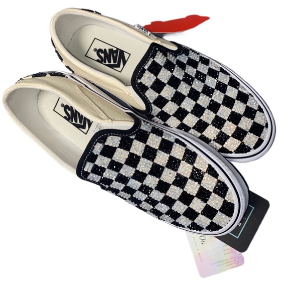 Opal Crystal & Jet Black Checkerboard Slip On Vans All Sizes New With Box - Picture 4 of 6